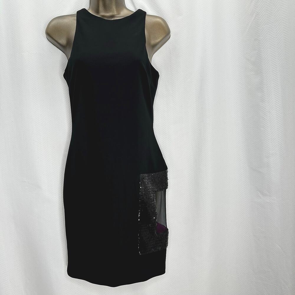 Cdgny black cocktail mini dress sleeveless sequins mesh 6 party holiday